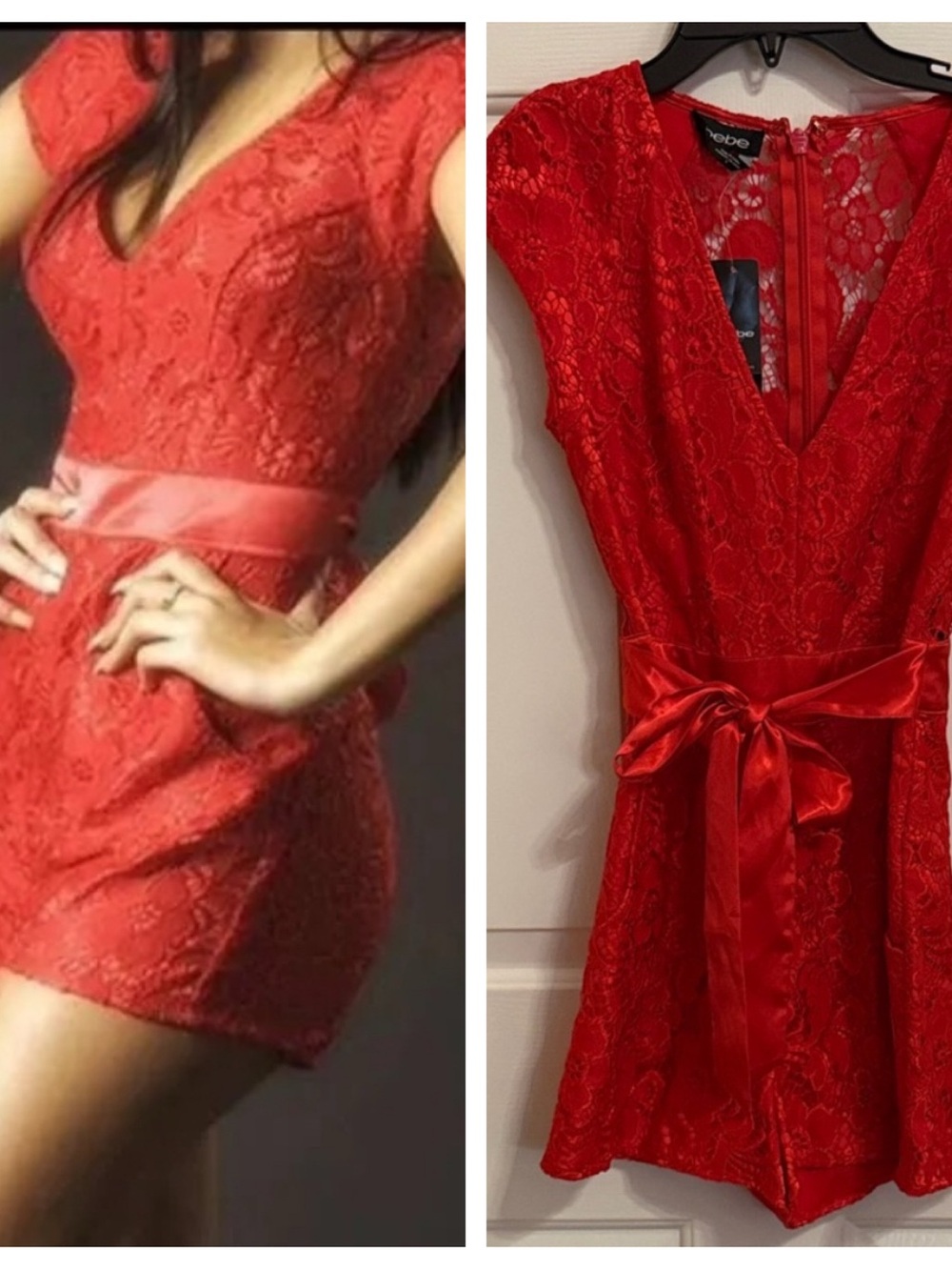 Bebe Carly Lace Romper with Satin Bow